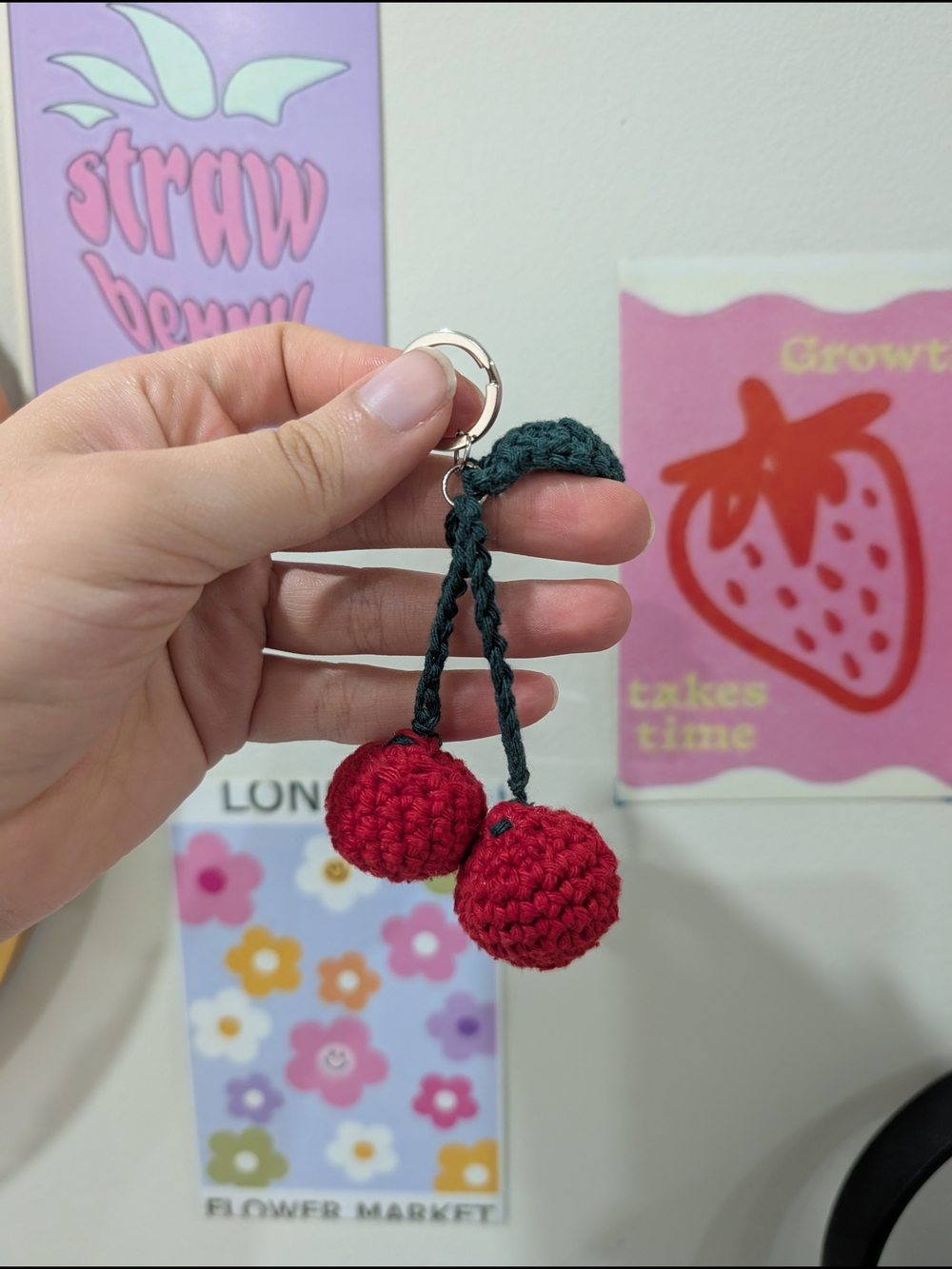 Handmade Crocheted Cherry Keychain - Red and Dark Green